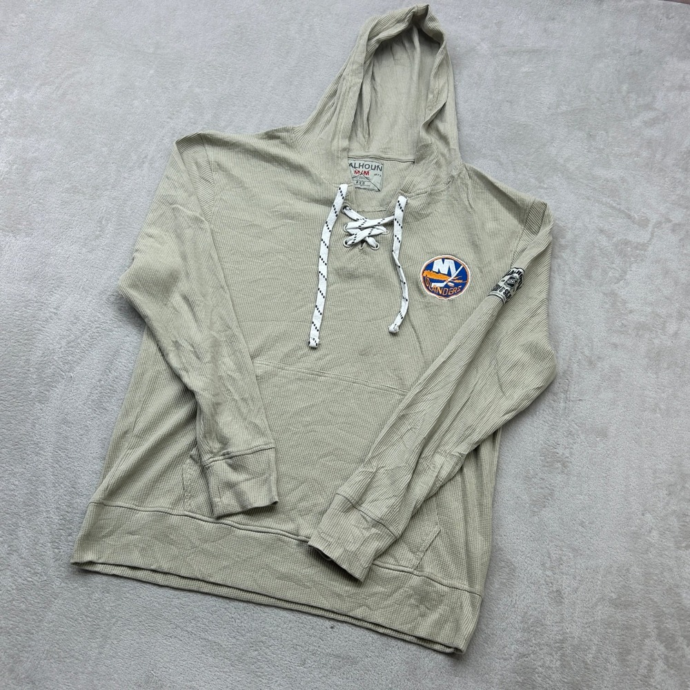 New York Islanders Hoodie Mens Medium Tan Lace Up Thermal Waffle Hockey NHL